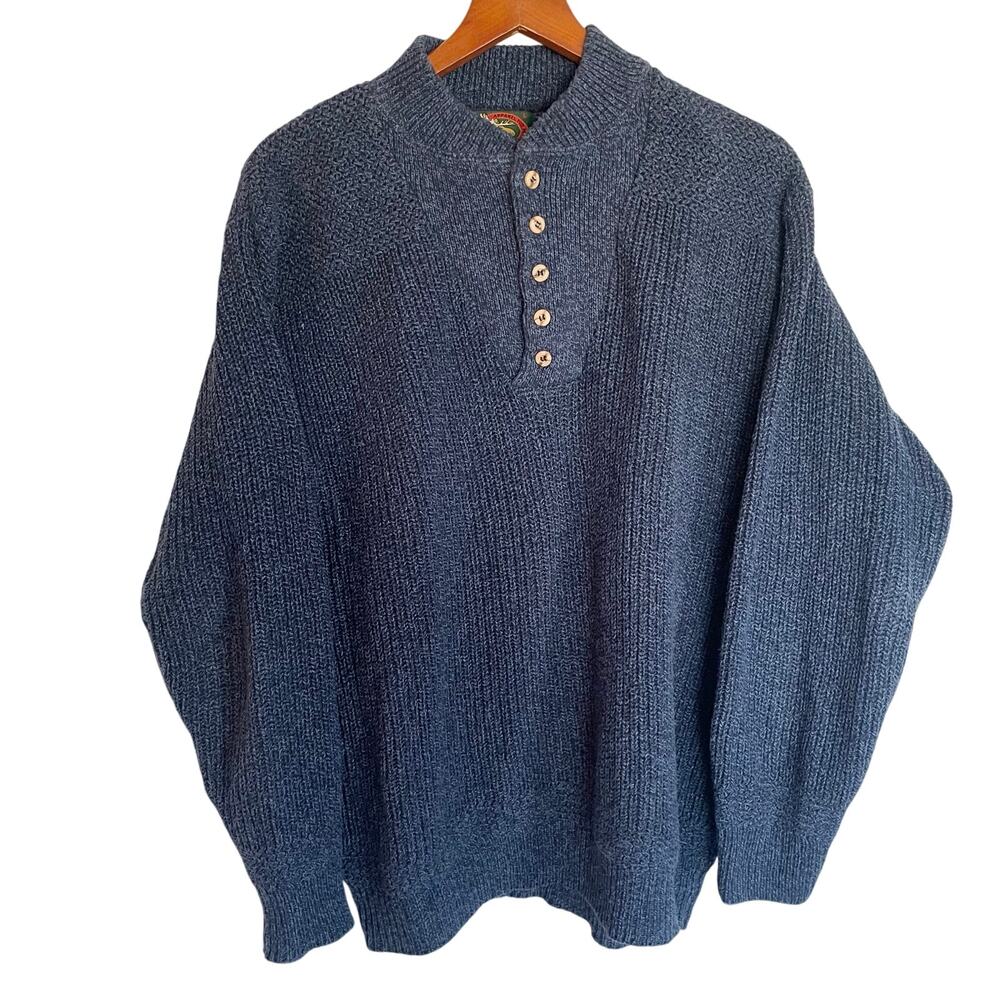 Alps Vintage Heavy Chunky Knit Pullover Sweater Mens LARGE Quarter Button Blue